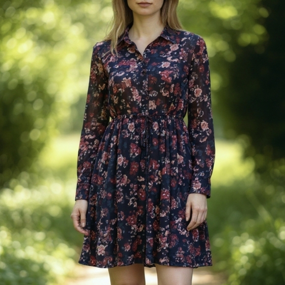 Zara Sheer Pink & Black Floral Shirt Dress size small - Picture 8 of 8